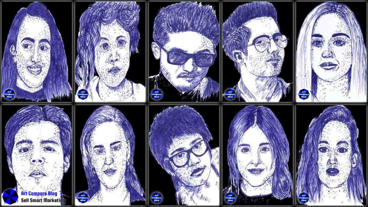 Blue Ink Portrait Drawings
